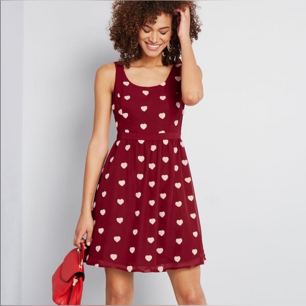 Hearts Aflutter A-Line Dress by ModCloth -Wine color with Pink hearts in size XL